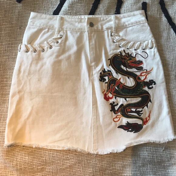 Honey Punch Dresses & Skirts - Embroidered Dragon White Denim Skirt